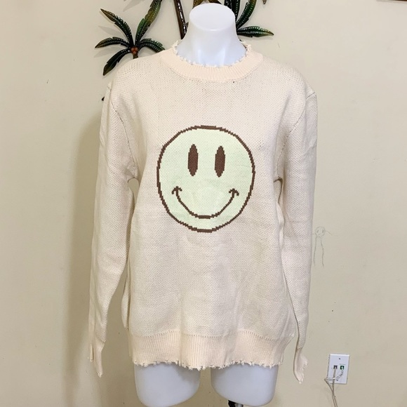 4. Miss Sparkling tattered smiley face Distressed Crew Neck and cuffs sweater - Picture 2 of 6